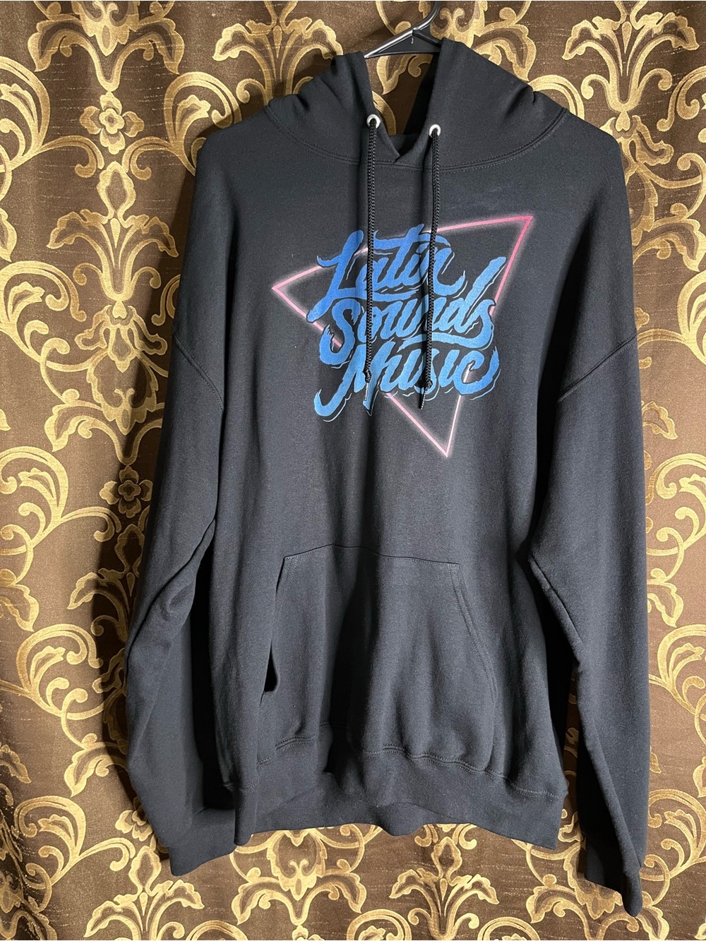 Jerzees Black Hoodie with Blue Script and Pink Accent